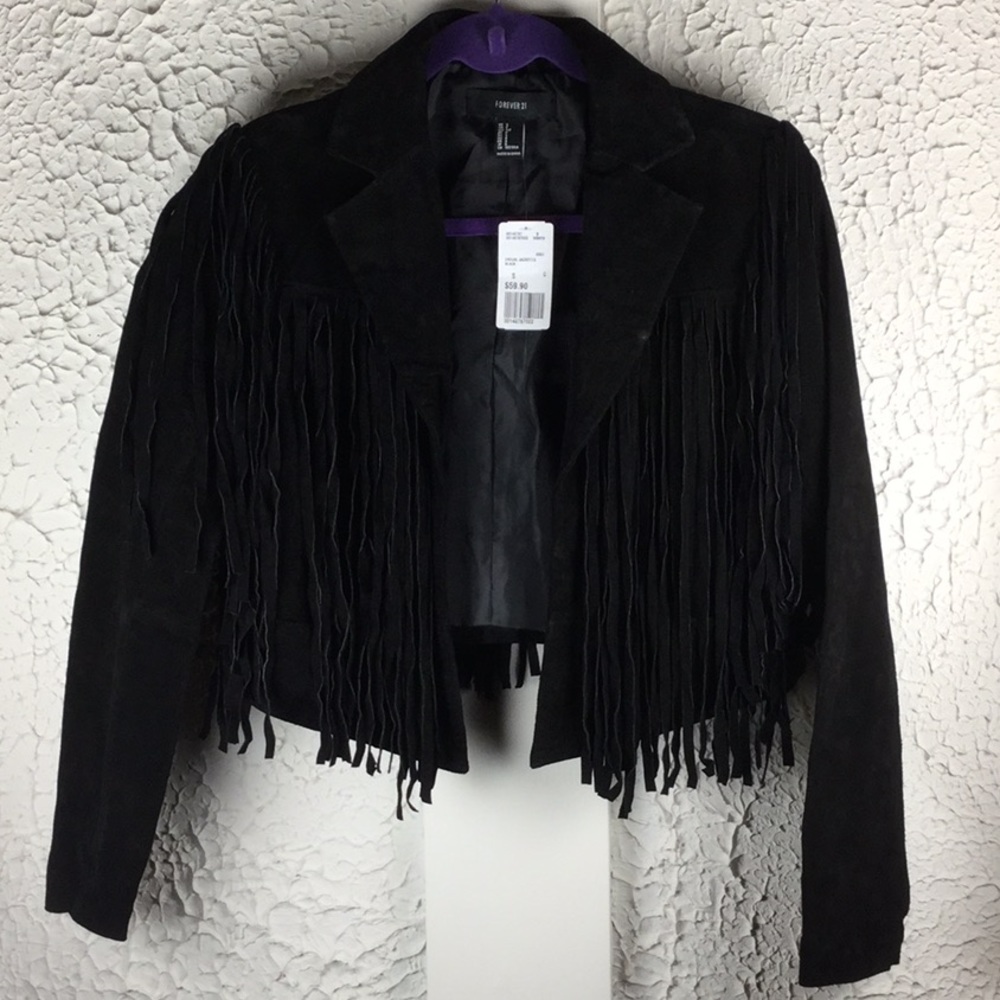 Forever 21 Black Genuine Suede Fringe Jacket